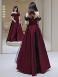 A line Strapless Black Party Dress Long Burgundy Prom Dress HZ1022