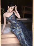 Vintage A line Strapless Party Dresses Long Blue Prom Dresses HZ1022