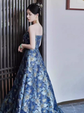 Vintage A line Strapless Party Dresses Long Blue Prom Dresses HZ1022
