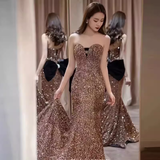 Vintage Mermaid Strapless Party Dresses Long Sequin Prom Dresses HZ1022