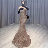 Vintage Mermaid Strapless Party Dresses Long Sequin Prom Dresses HZ1022