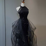 Vintage A line Halter Black Party Dresses Sequin Prom Dresses HZ1022