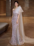 Princess Mermaid One Shoulder Party Dresses Sequin Lilac Prom Dresses HZ1022
