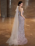 Princess Mermaid One Shoulder Party Dresses Sequin Lilac Prom Dresses HZ1022