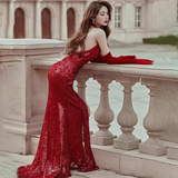 Sexy Mermaid Party Dresses Sequin Halter Red Prom Dresses HZ1022