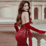 Sexy Mermaid Party Dresses Sequin Halter Red Prom Dresses HZ1022