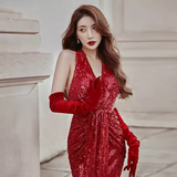 Sexy Mermaid Party Dresses Sequin Halter Red Prom Dresses HZ1022