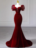 Sexy Mermaid Velvet Party Dresses Red Prom Dresses HZ1022
