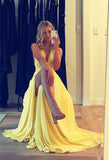 A line Yellow Slit Evening Party Dress Long Chiffon Prom Dress HZ1022