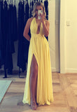 A line Yellow Slit Evening Party Dress Long Chiffon Prom Dress HZ1022