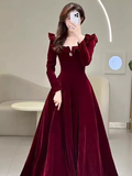 A line Burgundy Velvet Long Prom Dress Party Dresses HZ1022