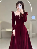 A line Burgundy Velvet Long Prom Dress Party Dresses HZ1022