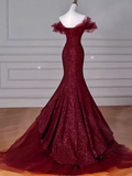 Sparkly Mermaid Burgundy Sequin Long Prom Dress Party Dresses HZ1022