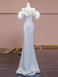 Pretty Mermaid Off The Shoulder Sequin Long Evening Party Dress Prom Dresses HZ1022