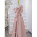 Pretty A line One Shoulder Pink Satin Long Evening Party Dress Prom Dresses With Bowknot HZ1022
