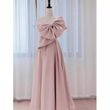 Pretty A line One Shoulder Pink Satin Long Evening Party Dress Prom Dresses With Bowknot HZ1022
