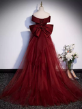 Pretty A line Off The Shoulder Burgundy Satin Long Evening Party Dress Prom Dresses With Bow HZ1022