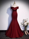 Pretty A line Off The Shoulder Burgundy Satin Long Evening Party Dress Prom Dresses With Bow HZ1022