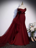 Pretty A line Off The Shoulder Burgundy Satin Long Evening Party Dress Prom Dresses With Bow HZ1022