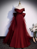 Pretty A line Off The Shoulder Burgundy Satin Long Evening Party Dress Prom Dresses With Bow HZ1022