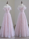 Pretty A line Off The Shoulder Pink Sequin Long Evening Party Dress Prom Dresses HZ1022
