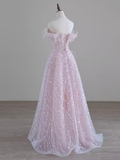 Pretty A line Off The Shoulder Pink Sequin Long Evening Party Dress Prom Dresses HZ1022